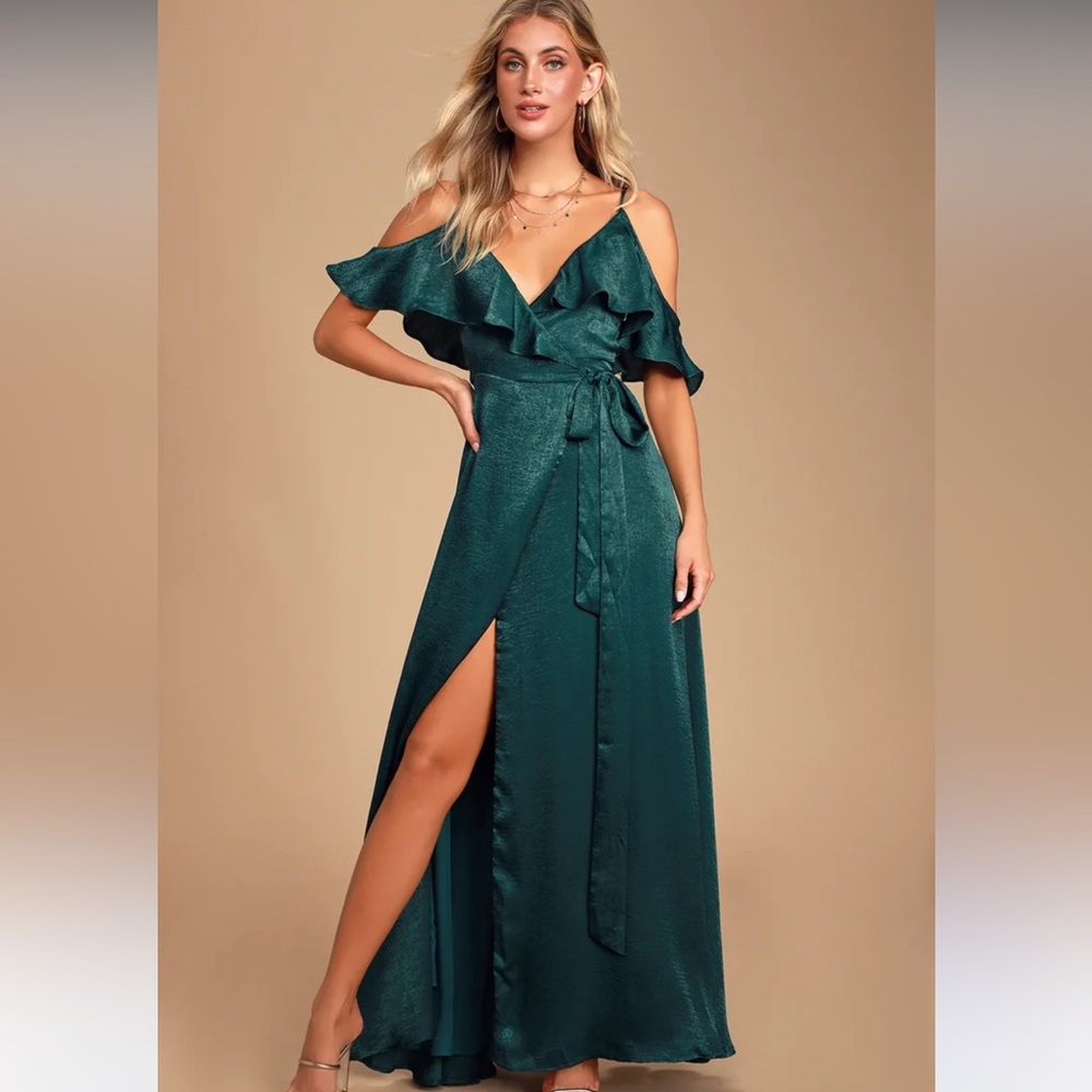 Lulus Moriah Emerald Green Satin Wrap Maxi Dress